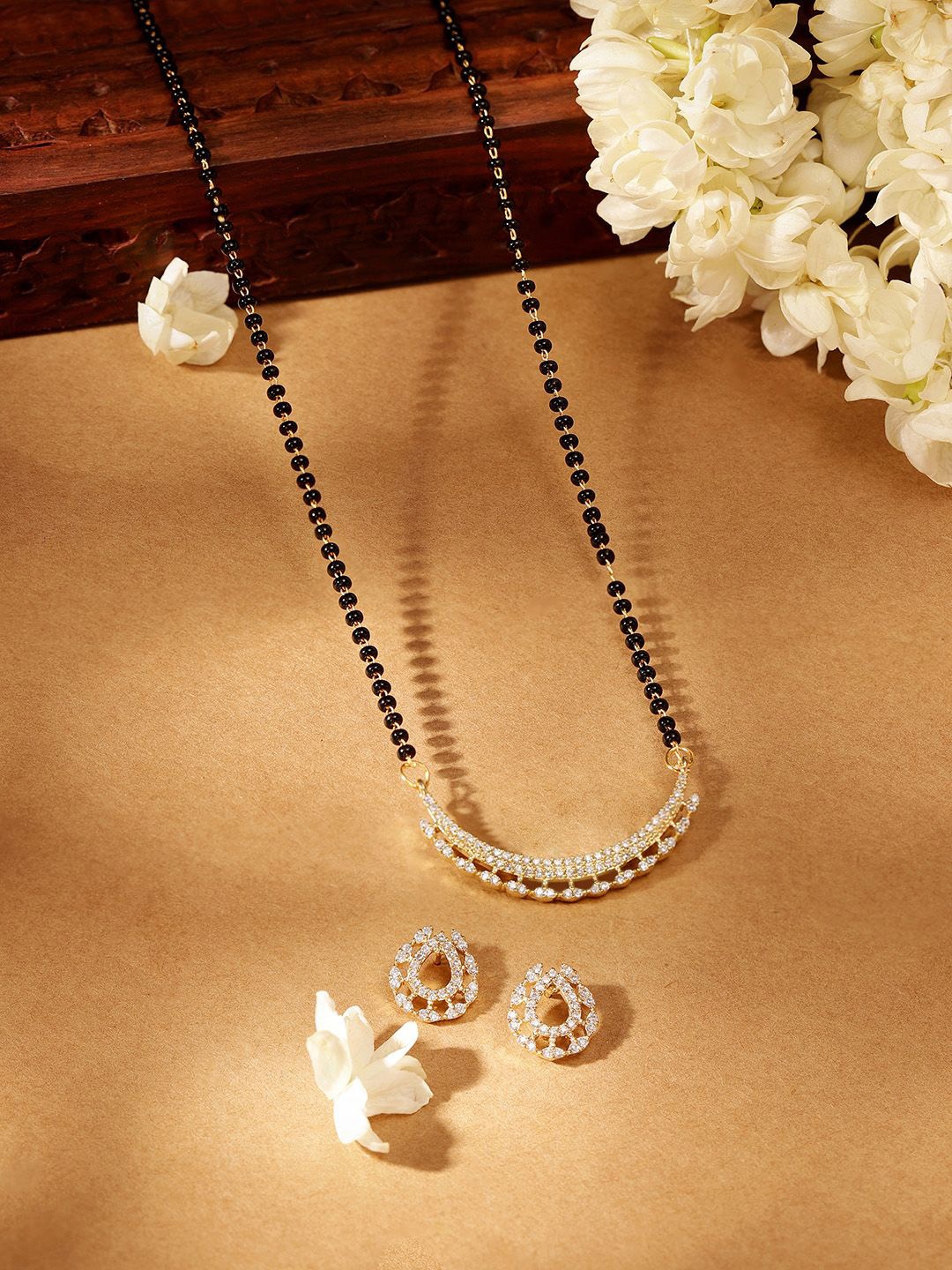 

Priyaasi Gold-Plated AD-Studded & Beaded Mangalsutra With Earrings