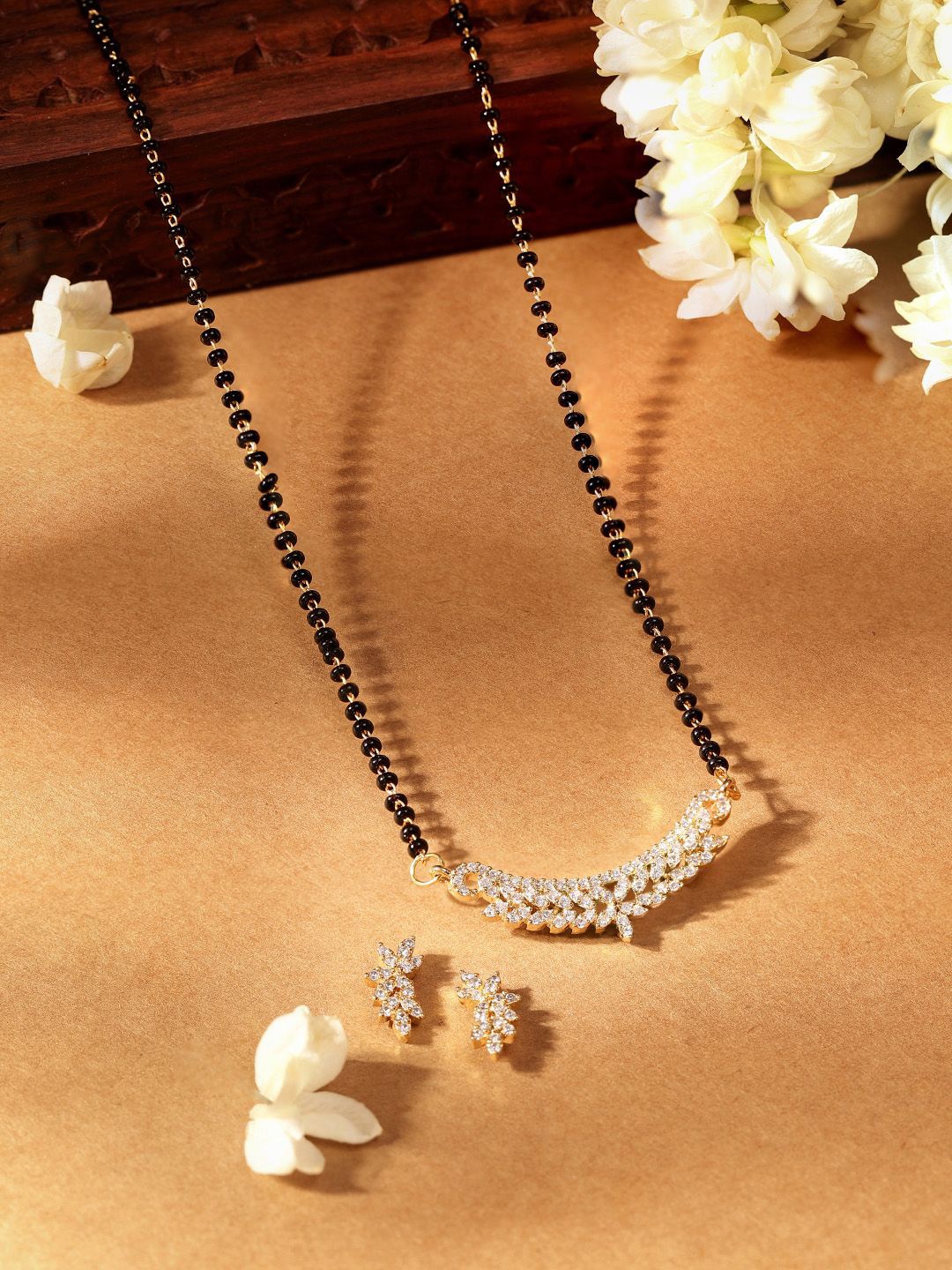 

Priyaasi Gold-Plated AD-Studded & Beaded Mangalsutra With Earrings