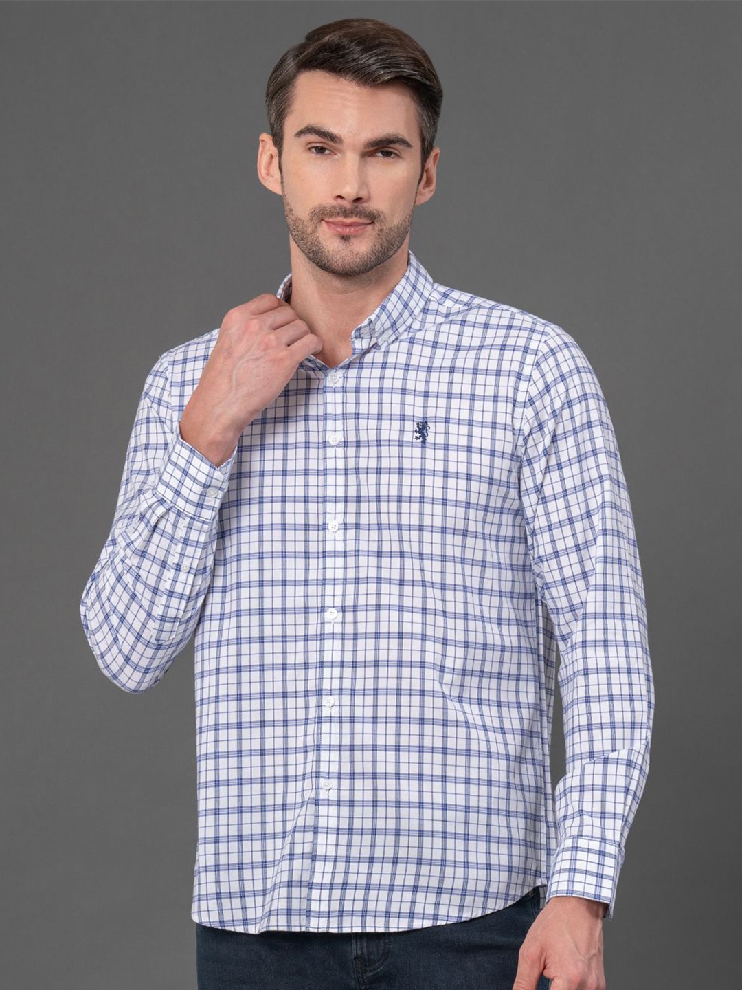 

Red Tape Men Button Down Checked Casual Shirt, Blue