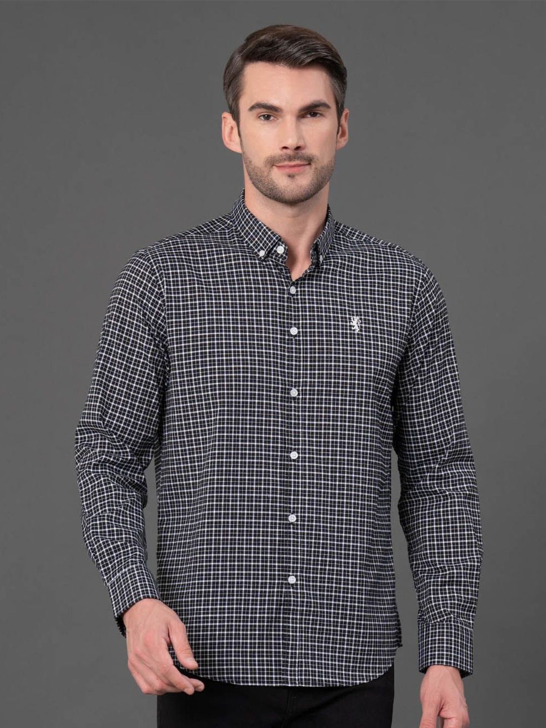 

Red Tape Men Button Down Checked Casual Shirt, Black