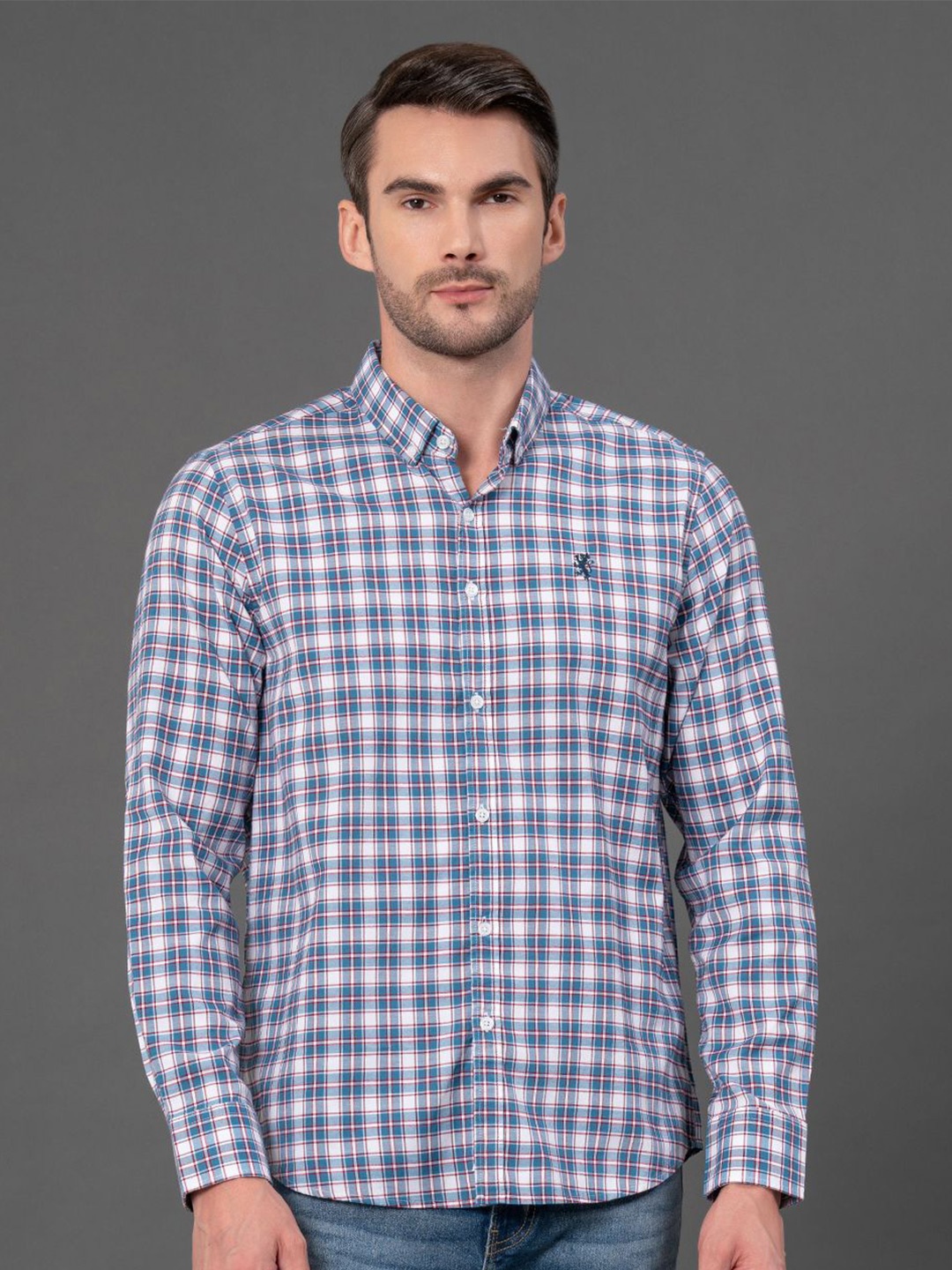 

Red Tape Men Button Down Checked Casual Shirt, Blue