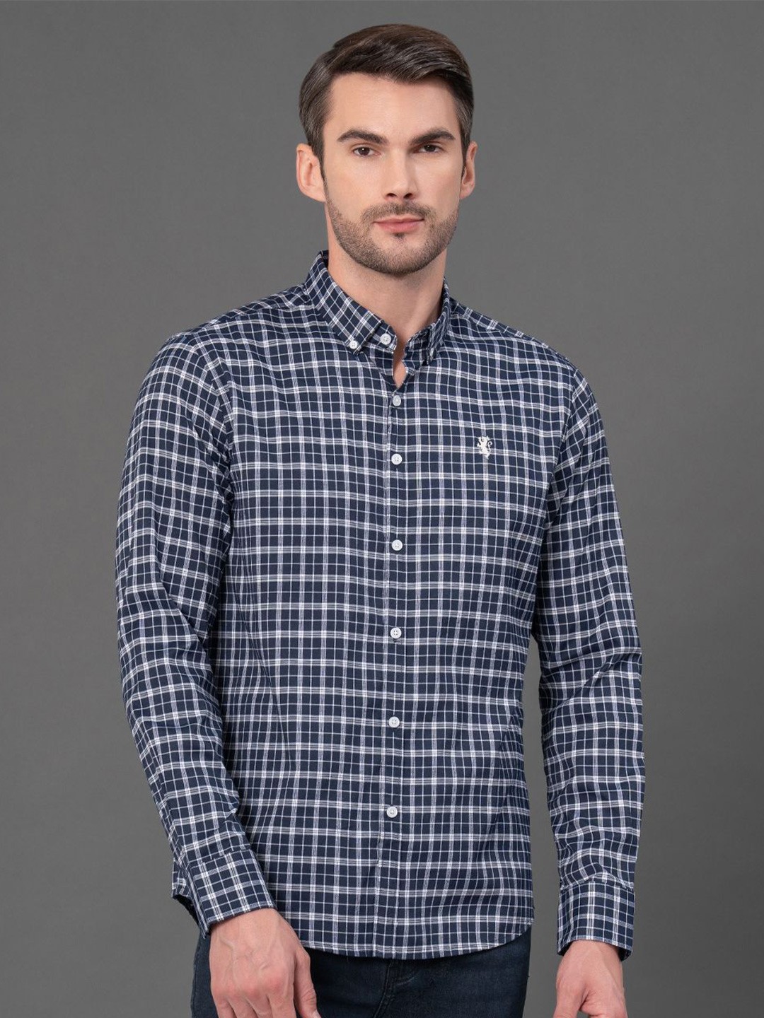 

Red Tape Men Grid Tattersall Checks Opaque Checked Casual Shirt, Navy blue