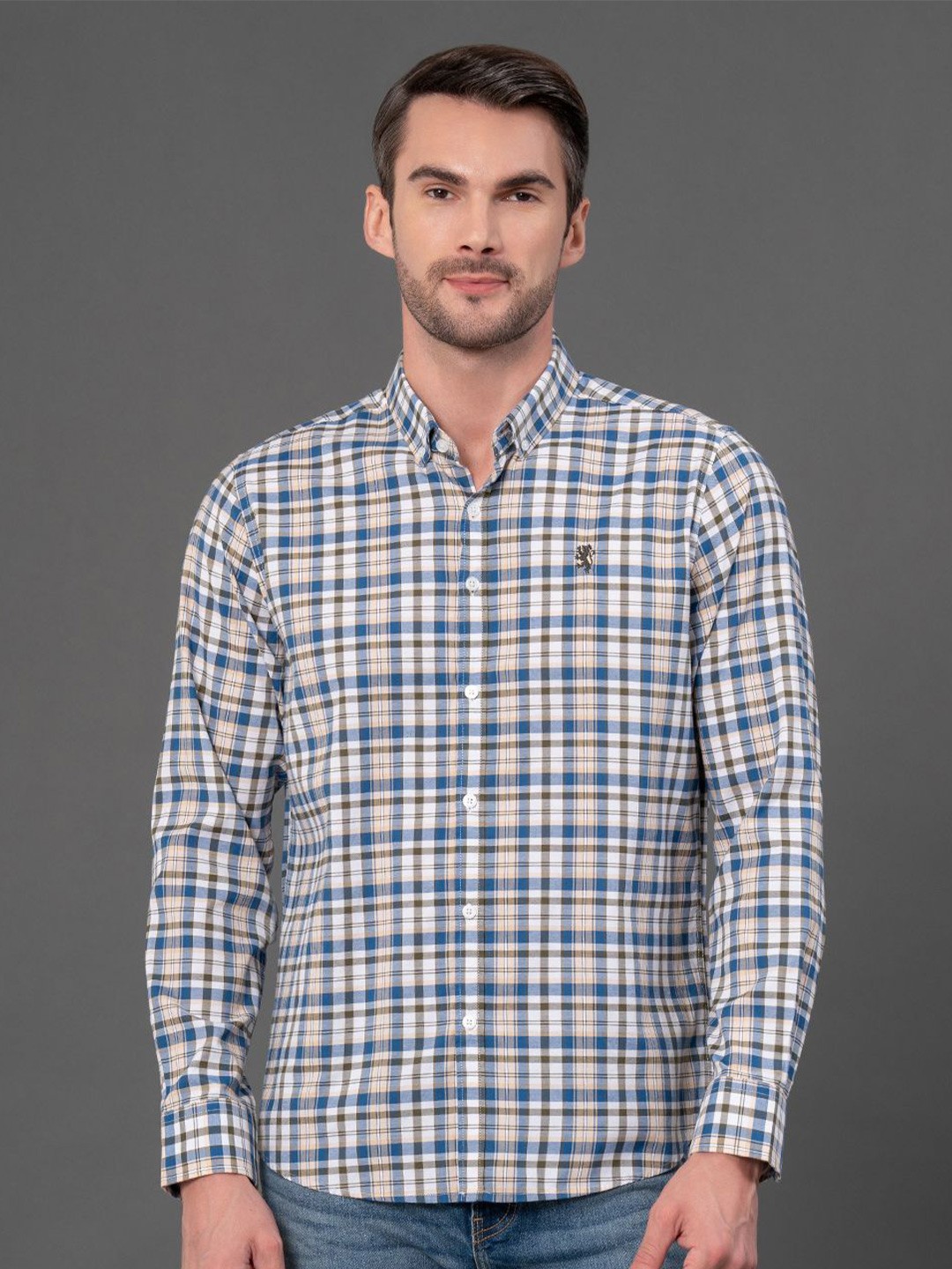 

Red Tape Men Button Down Checked Casual Shirt, Blue