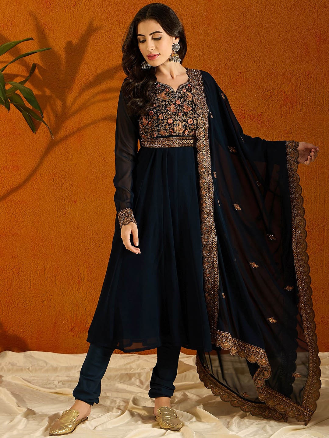 

Anouk Women Embroidered Empire Thread Work Kurta with Churidar & With Dupatta, Navy blue