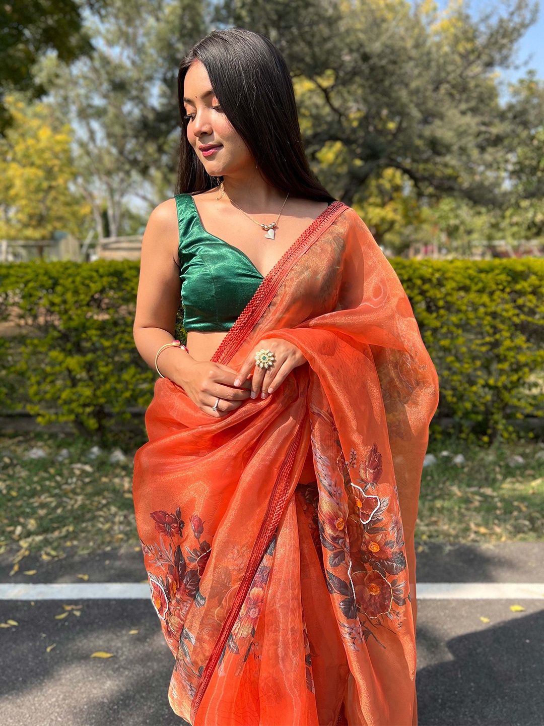 

Vastrasky Global Floral Embroidered Organza Saree, Orange