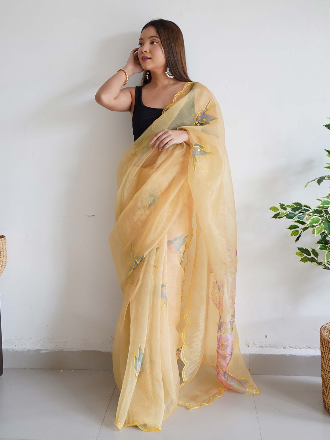 

Vastrasky Global Ethnic Motifs Embroidered Organza Saree, Yellow