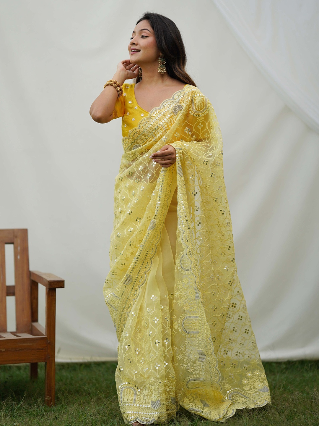 

Vastrasky Global Embellished Sequinned Organza Saree, Yellow