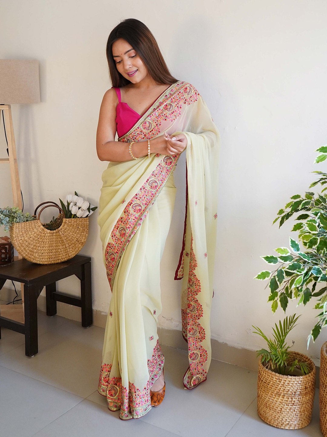 

Vastrasky Global Embroidered Organza Saree, Yellow