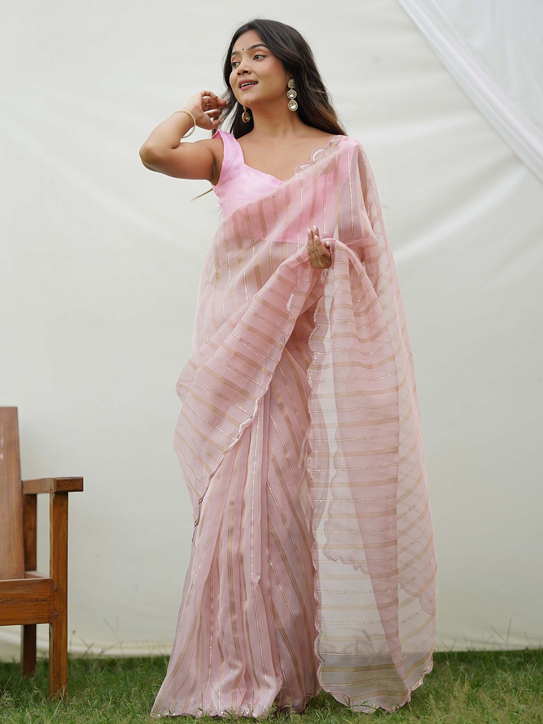 

Vastrasky Global Striped Embellished Sequinned Organza Saree, Pink