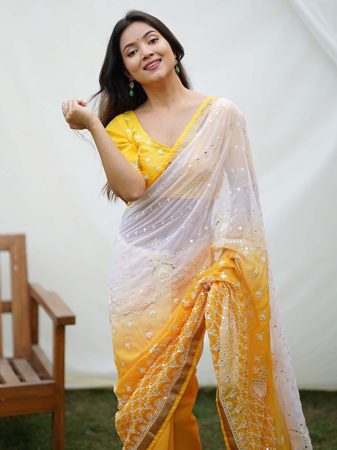 

Vastrasky Global Embellished Mirror Work Organza Saree, Yellow
