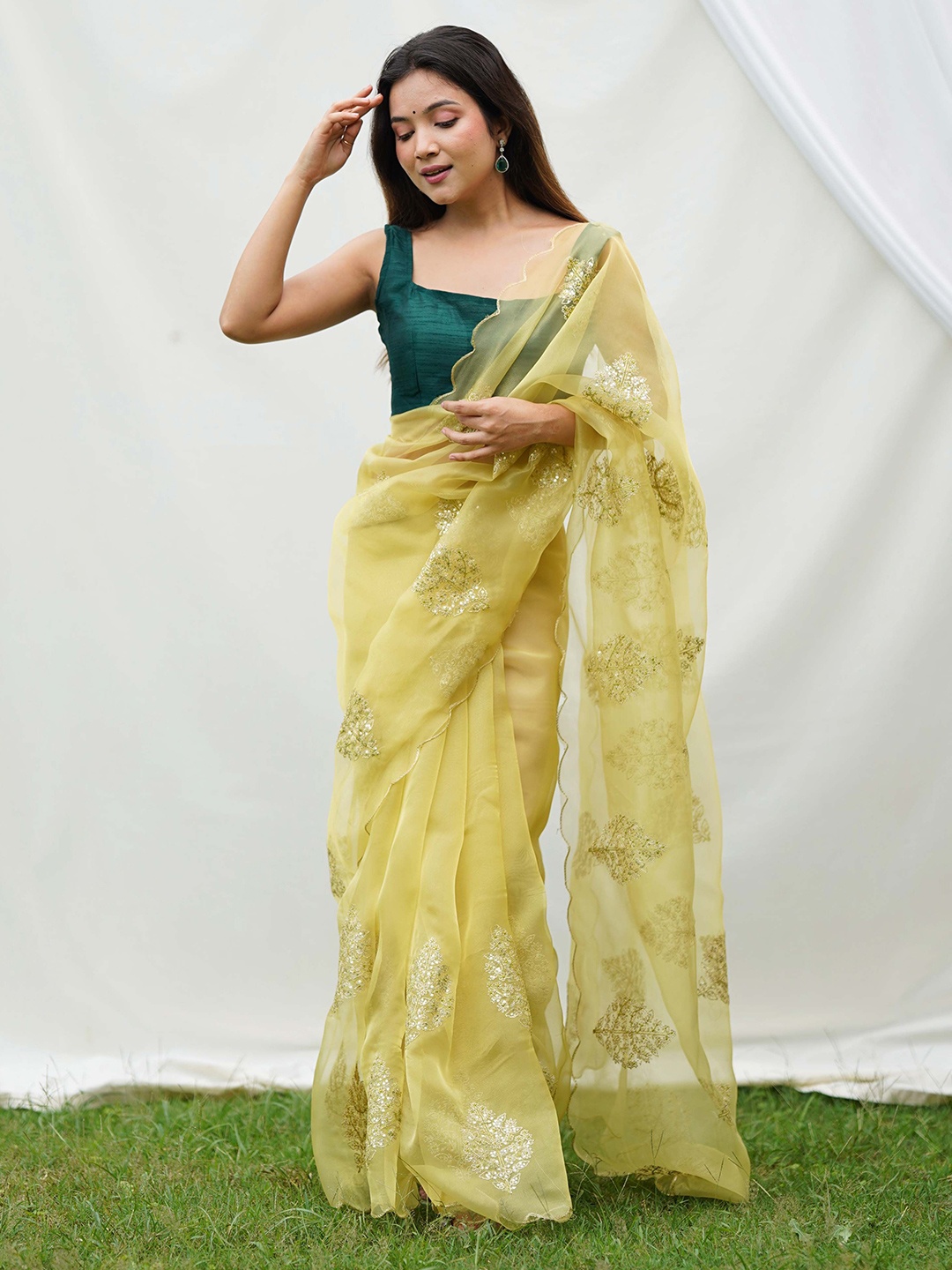 

Vastrasky Global Ethnic Motifs Embroidered Organza Saree, Yellow