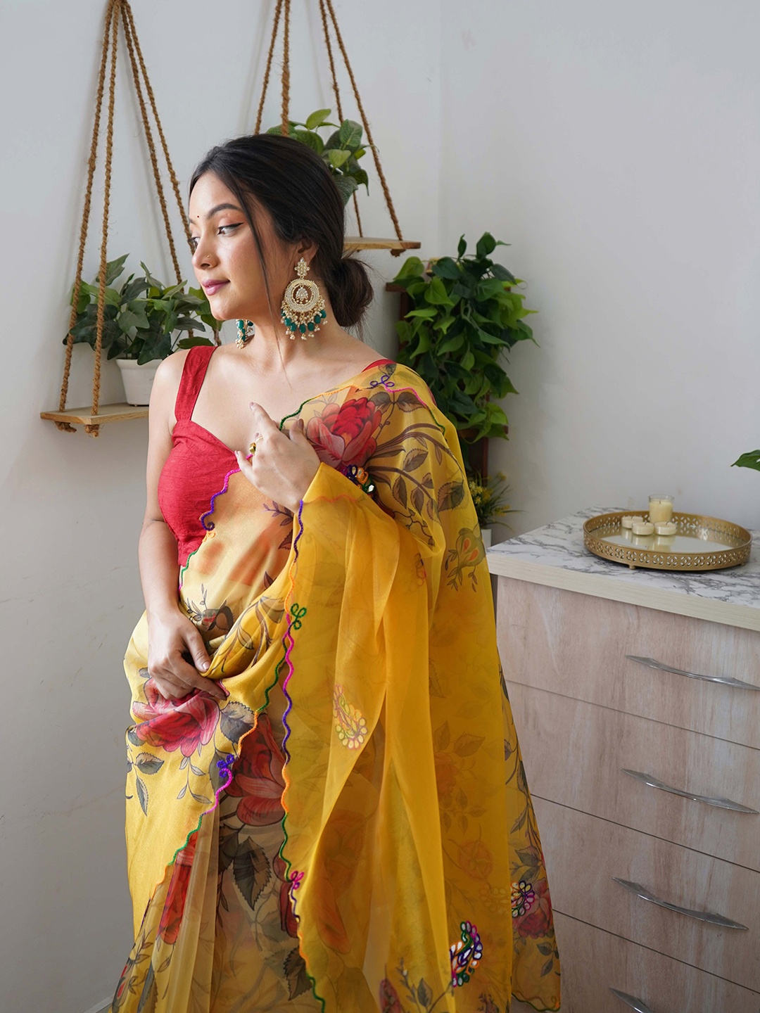 

Vastrasky Global Floral Embroidered Organza Saree, Yellow