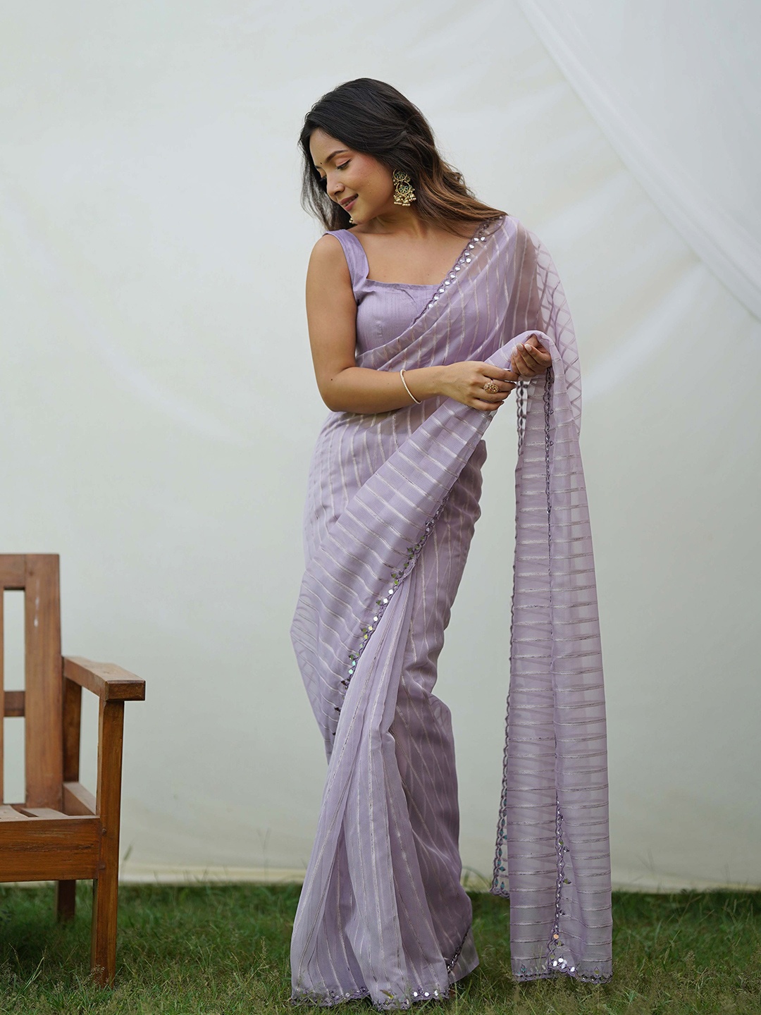 

Vastrasky Global Striped Mirror Work Organza Saree, Lavender