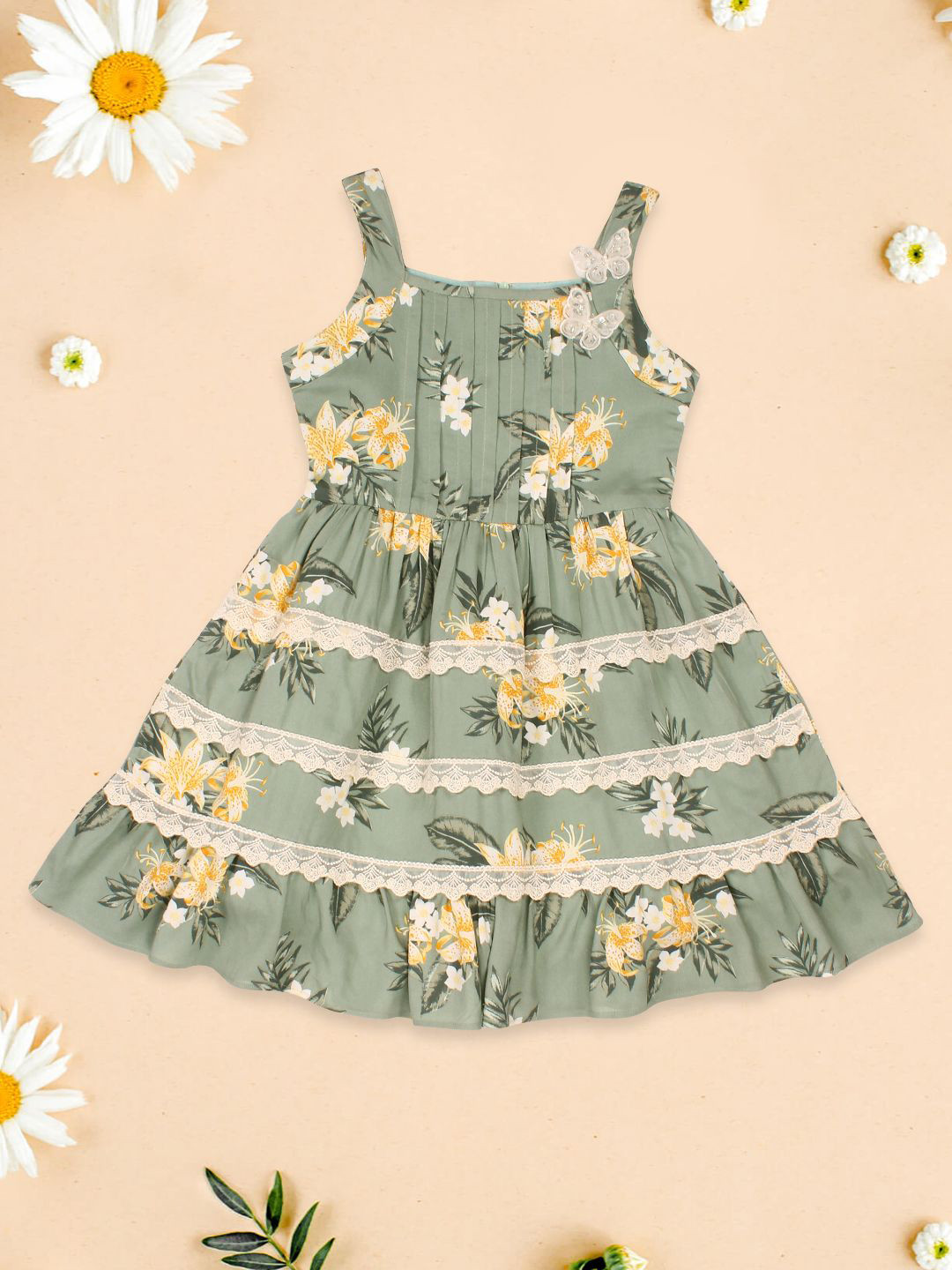 

CUTECUMBER Girls Floral Print Fit & Flare Dress, Green