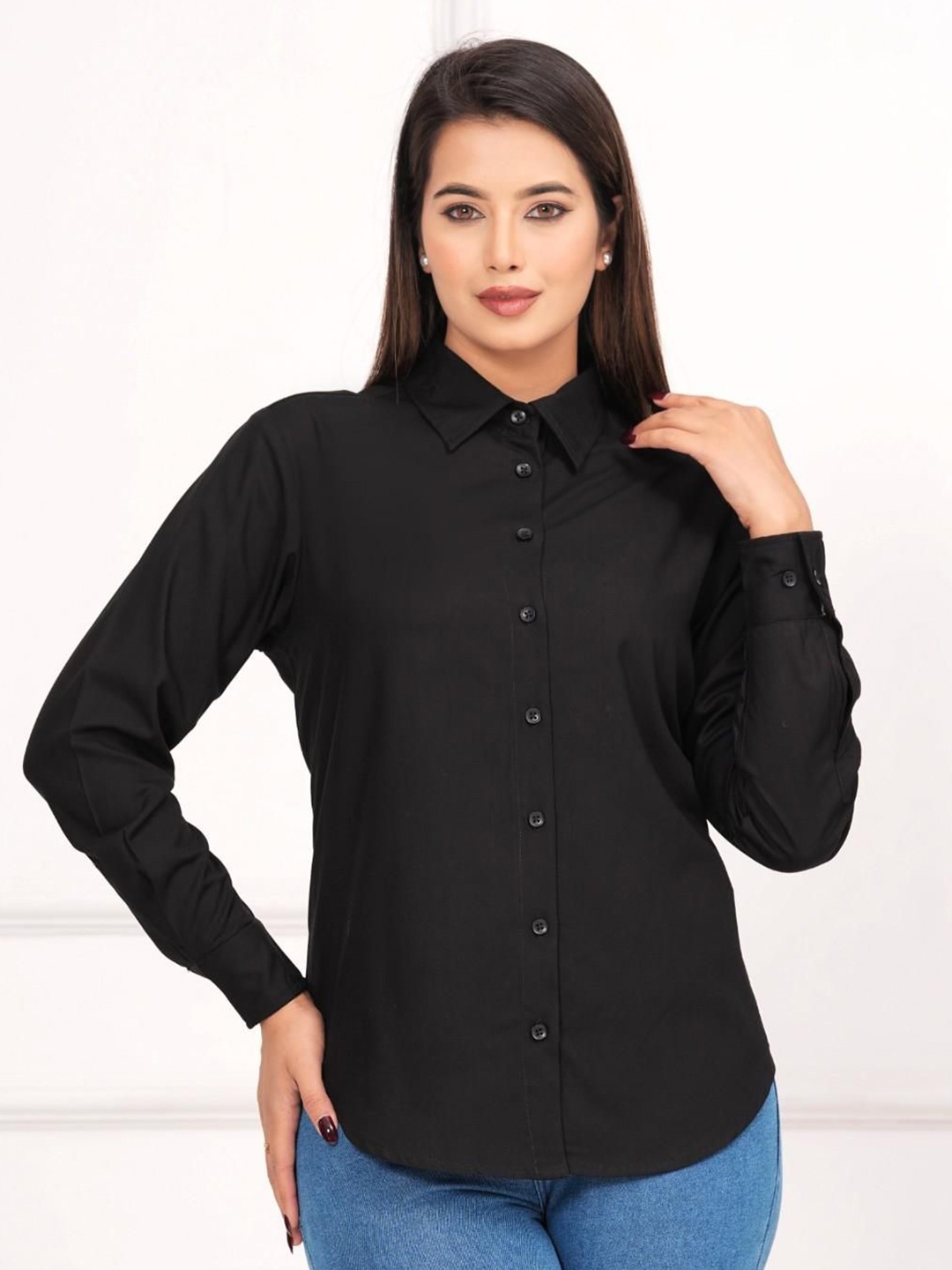 

ETC Women Solid Long Sleeves Casual Shirt, Black