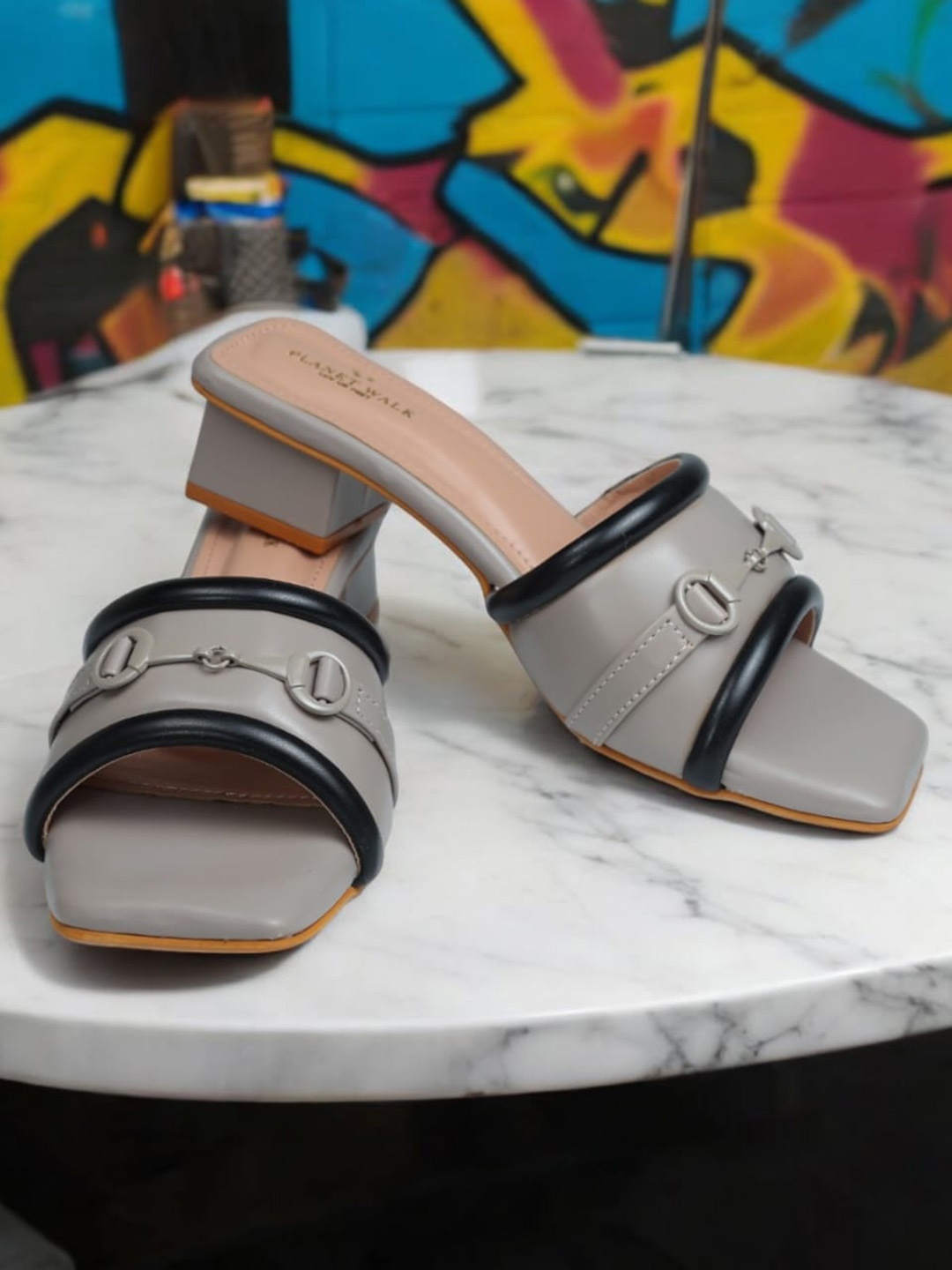 

PLANET WALK Embellished Block Mules, Grey