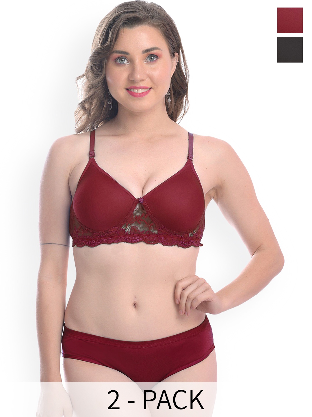 

AROUSY Pack Of 2 Pure Cotton Lingerie Set-B_PDCL Set_Bl,M, Black