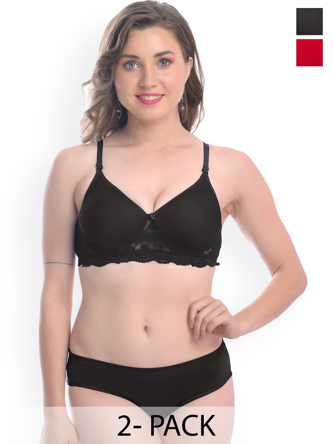 

AROUSY Pack Of 2 Laced Cotton Lingerie Set B_PDCL Set_R,Bl, Red