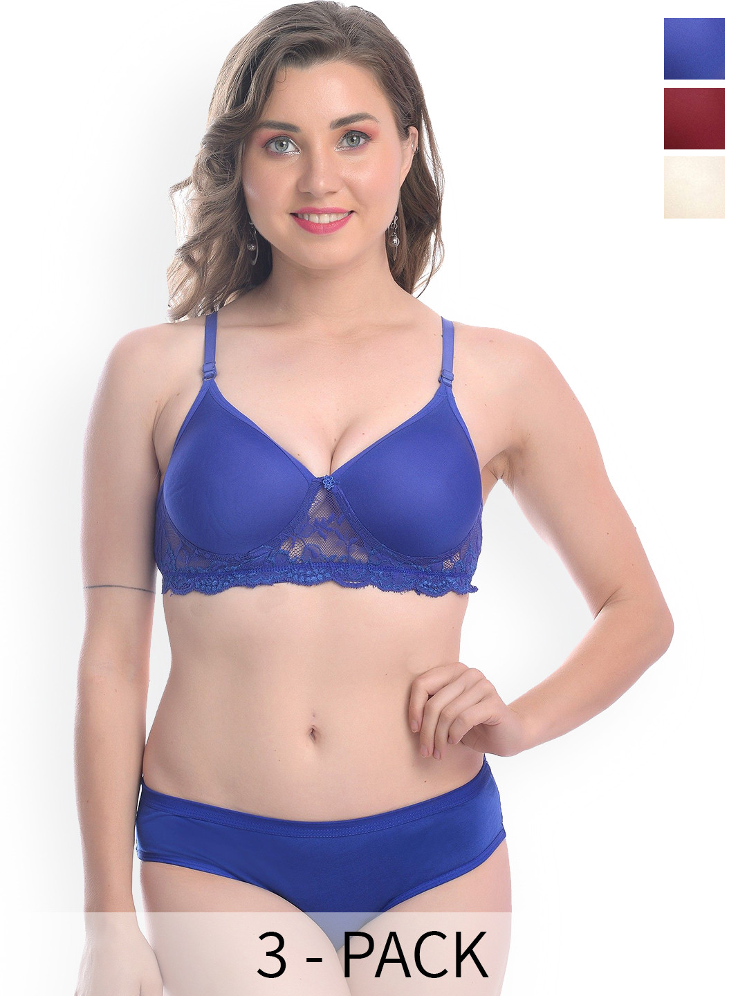 

AROUSY Pack Of 3 Cotton Bra Panty Lingerie Set B_PDCL Set_B,M,Br, Blue