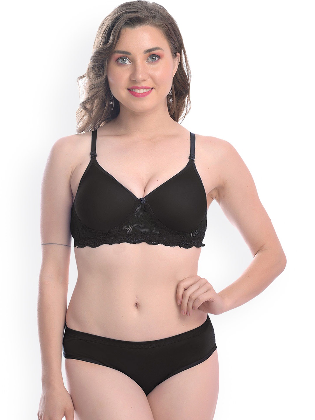 

AROUSY Cotton Bra Panty Lingerie Set B_PDCL Set_Bl, Black