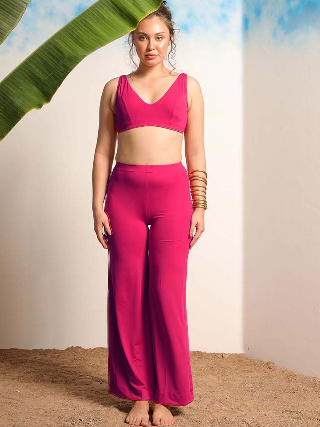 

EROTISSCH Solid V-Neck Two Piece Swimwear Cover up Set, Magenta