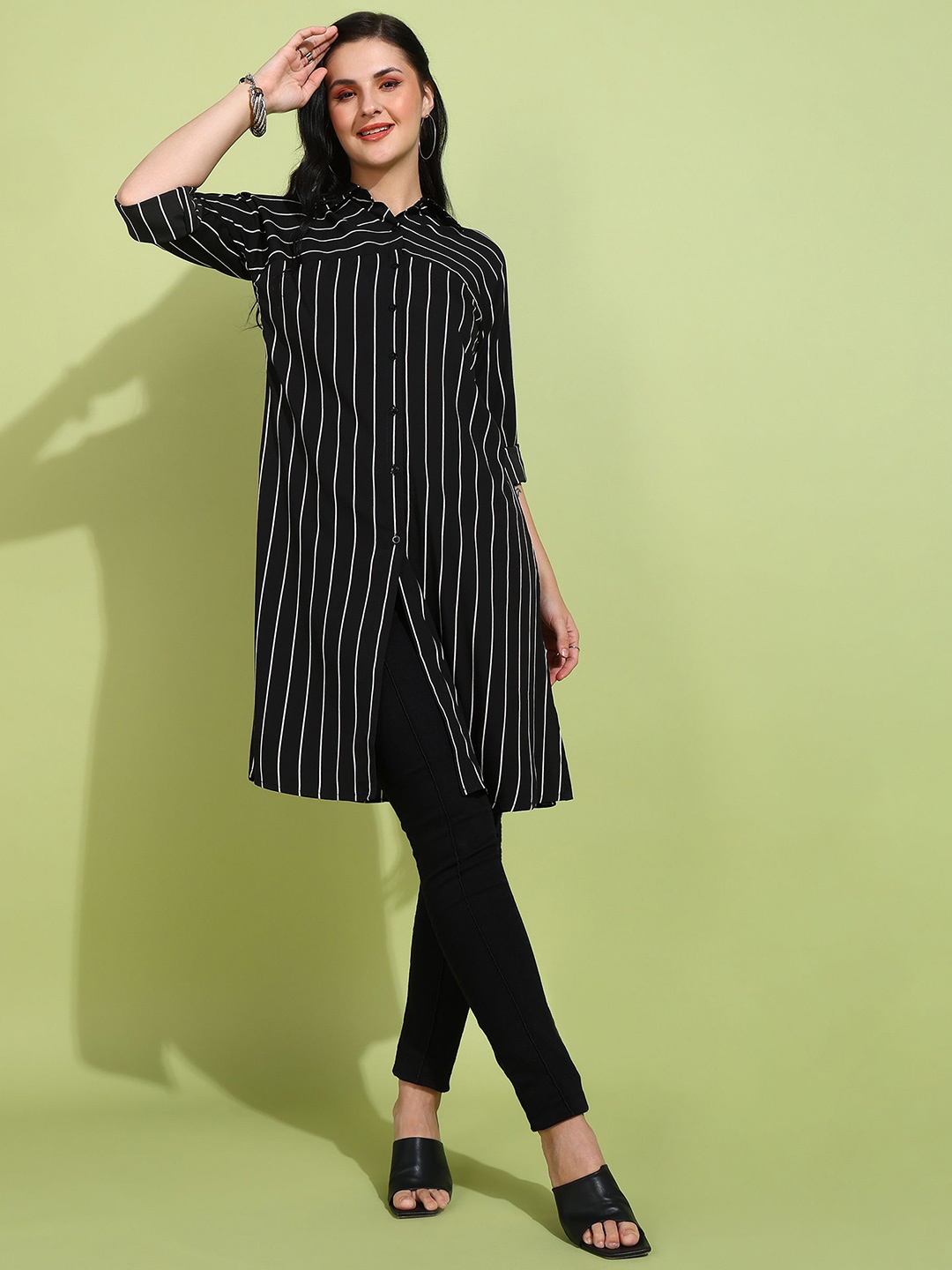 

Fashfun Striped Mandarin Collar Tunic, Black