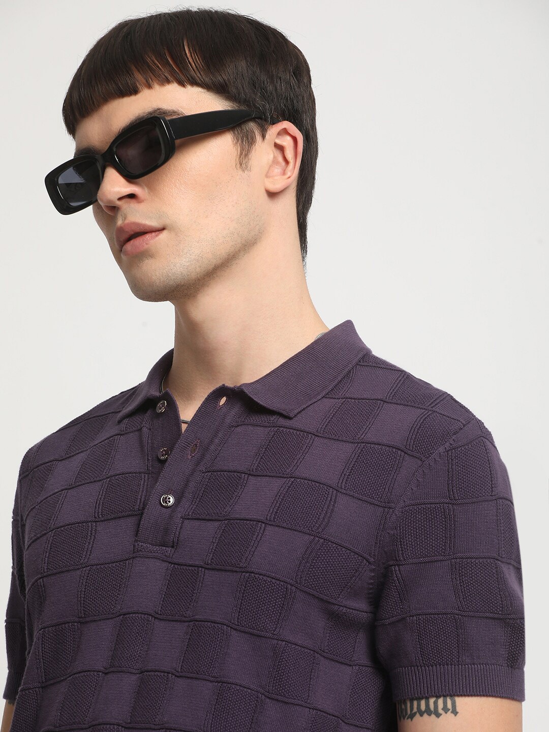 

THE BEAR HOUSE Men Self Design Polo Collar T-shirt, Purple