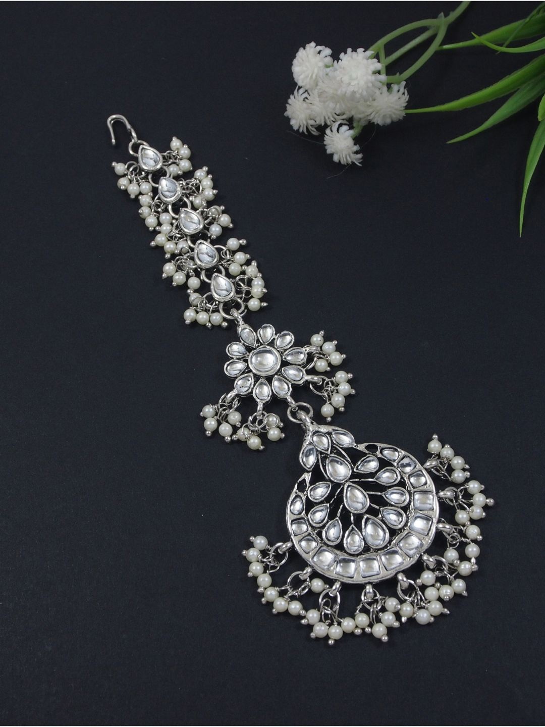 

I Jewels Oxidised Embellished Maang Tikka, Silver