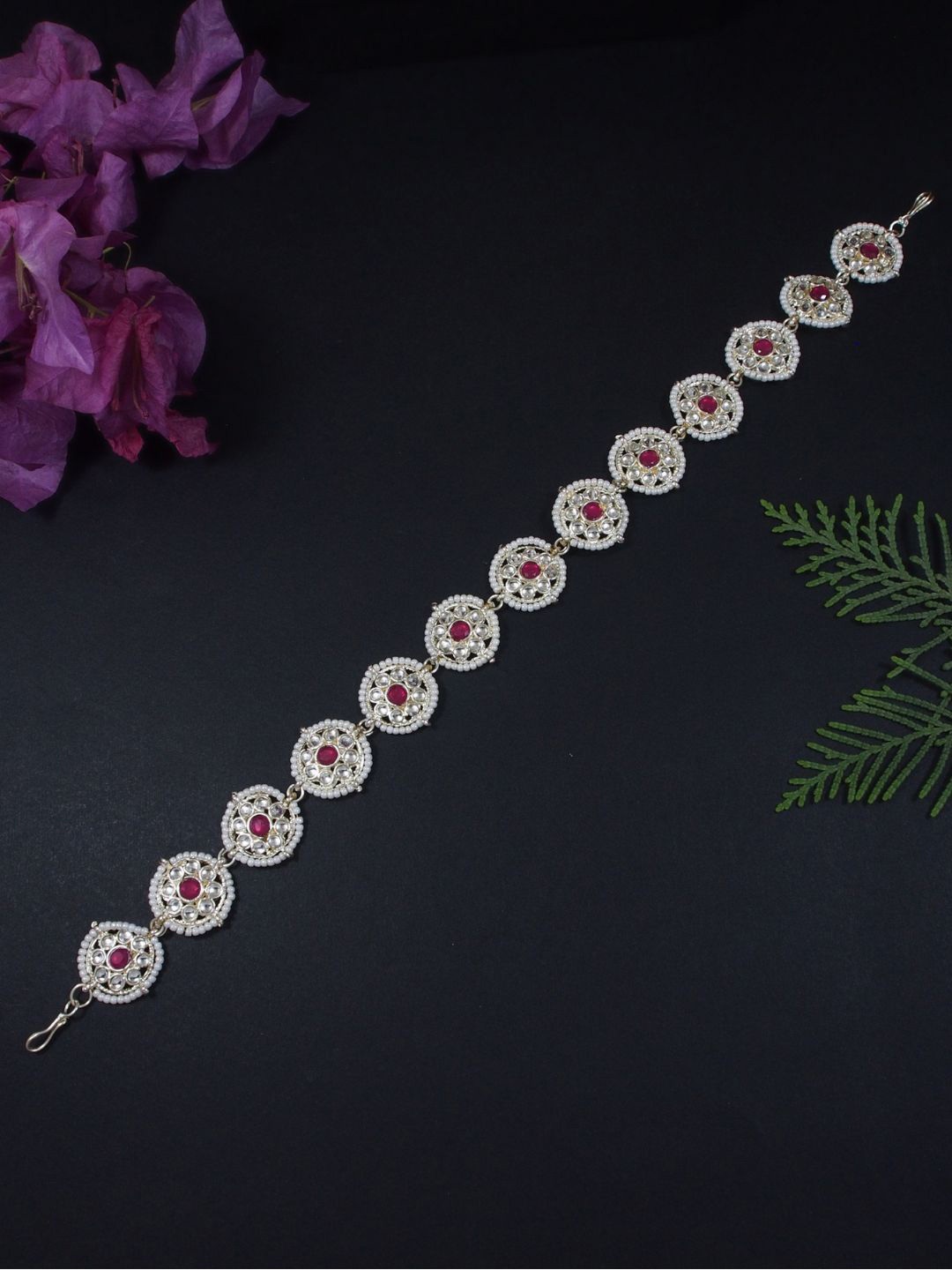 

I Jewels Gold Plated Floral Kundan Pearl Mathapatti, Maroon