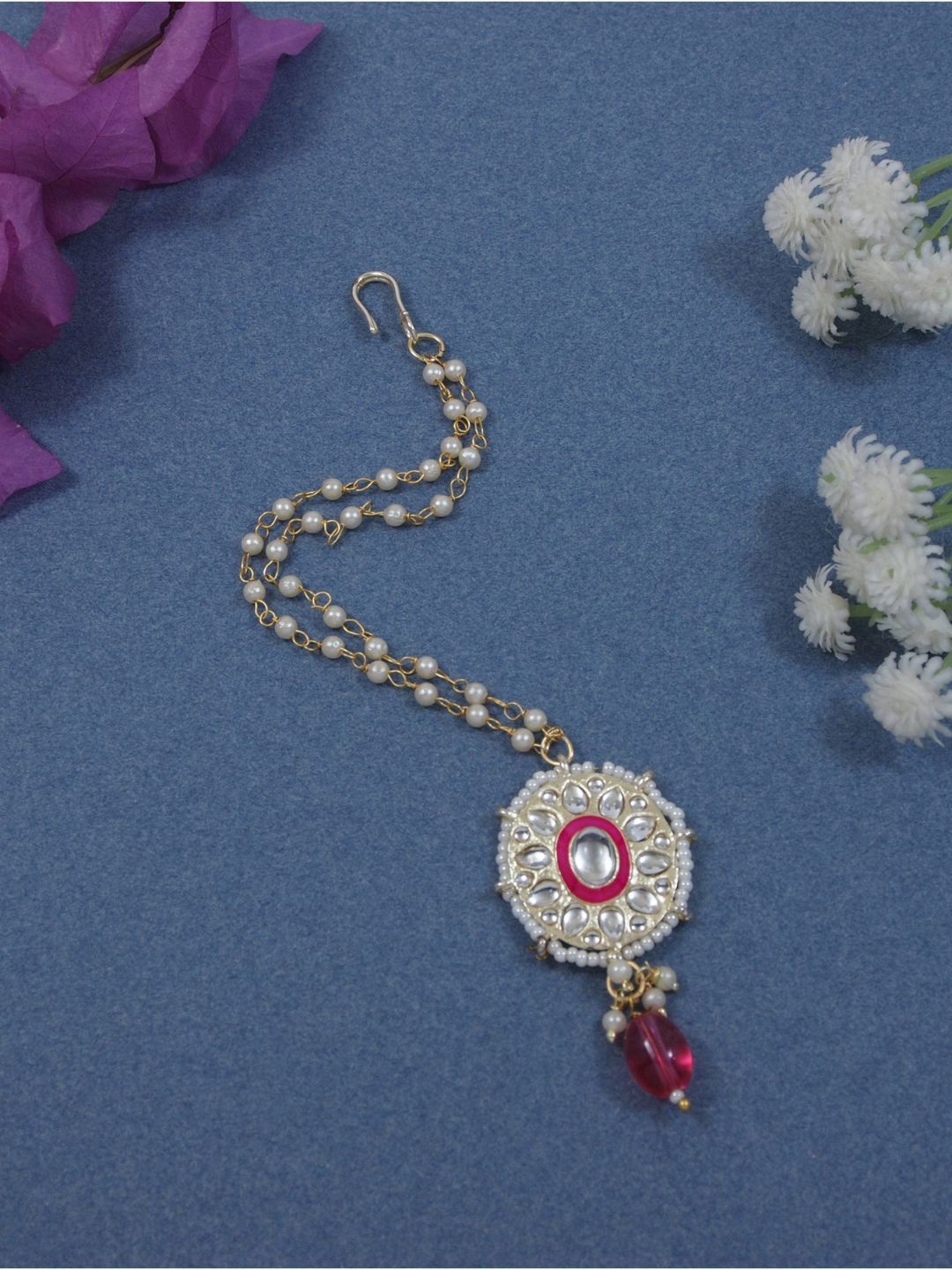 

I Jewels Gold-Plated Artificial Stones and Beads Maang Tikka Head Jewellery, Pink