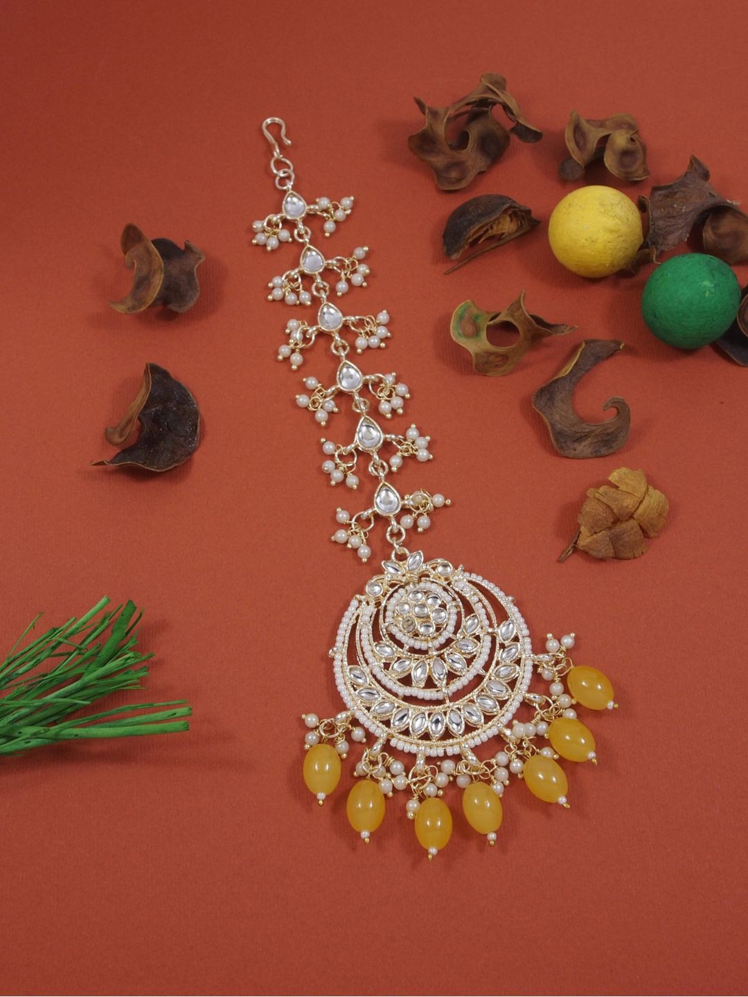 

I Jewels Gold-Plated Artificial Stones and Beads Maang Tikka Head Jewellery, Yellow