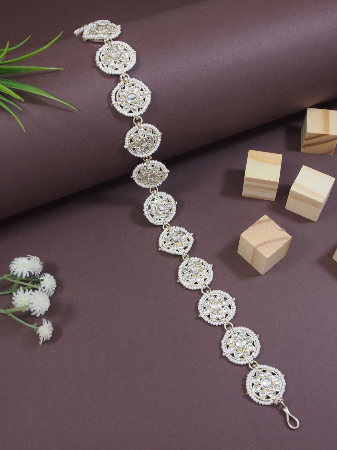 

I Jewels Gold-Plated Artificial Stones and Beads Studded Sheeshphool Head Jewellery, White