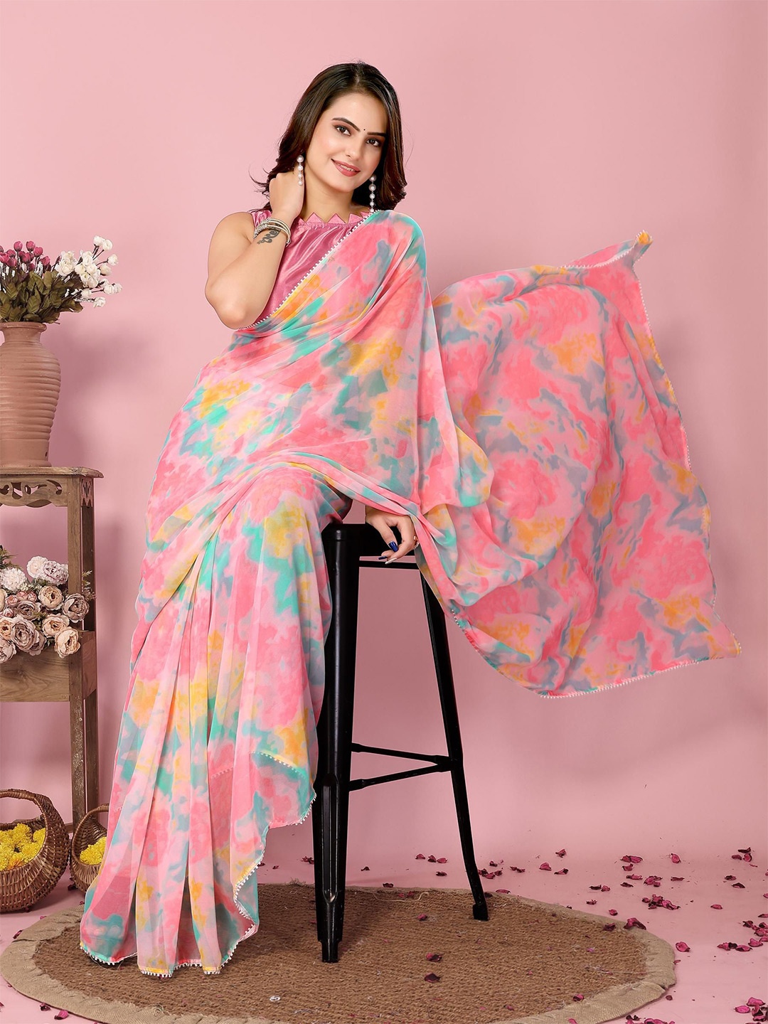 VAIRAGEE Tie and Dye Ready to wear Saree, Peach