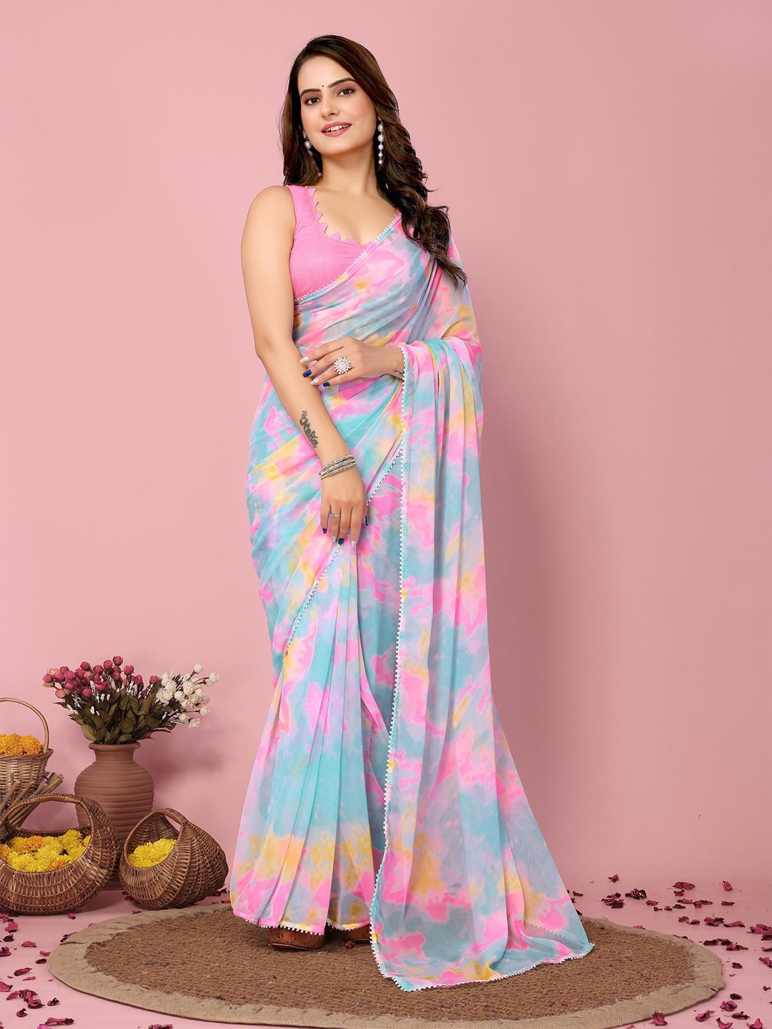 

VAIRAGEE Tie & Dye Ready to Wear Saree, Blue