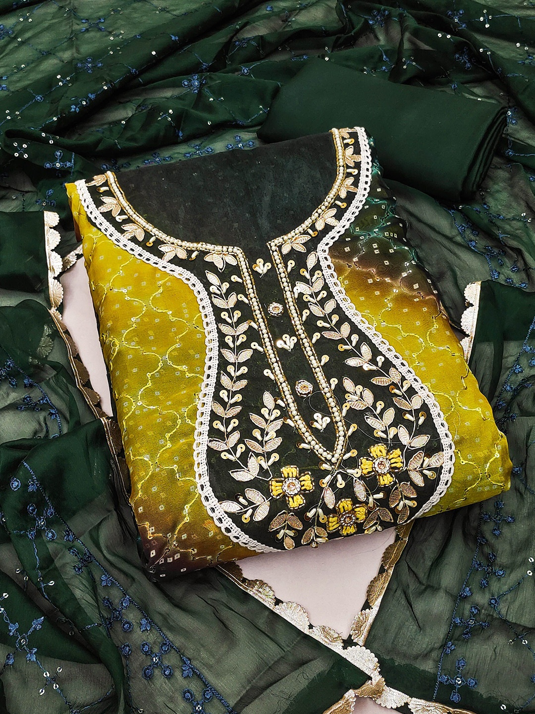 

KIMISHA Embellished Zardozi Work Unstitched Dress Material, Green