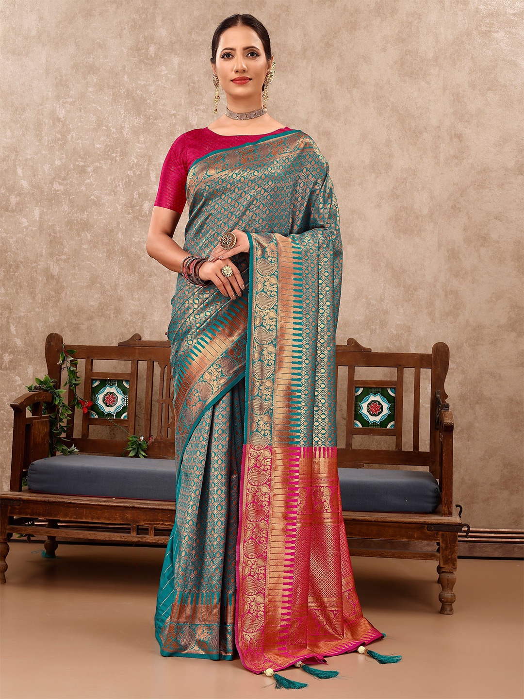 

VIRICA Ethnic Motifs Zari Pure Silk Banarasi Saree, Blue