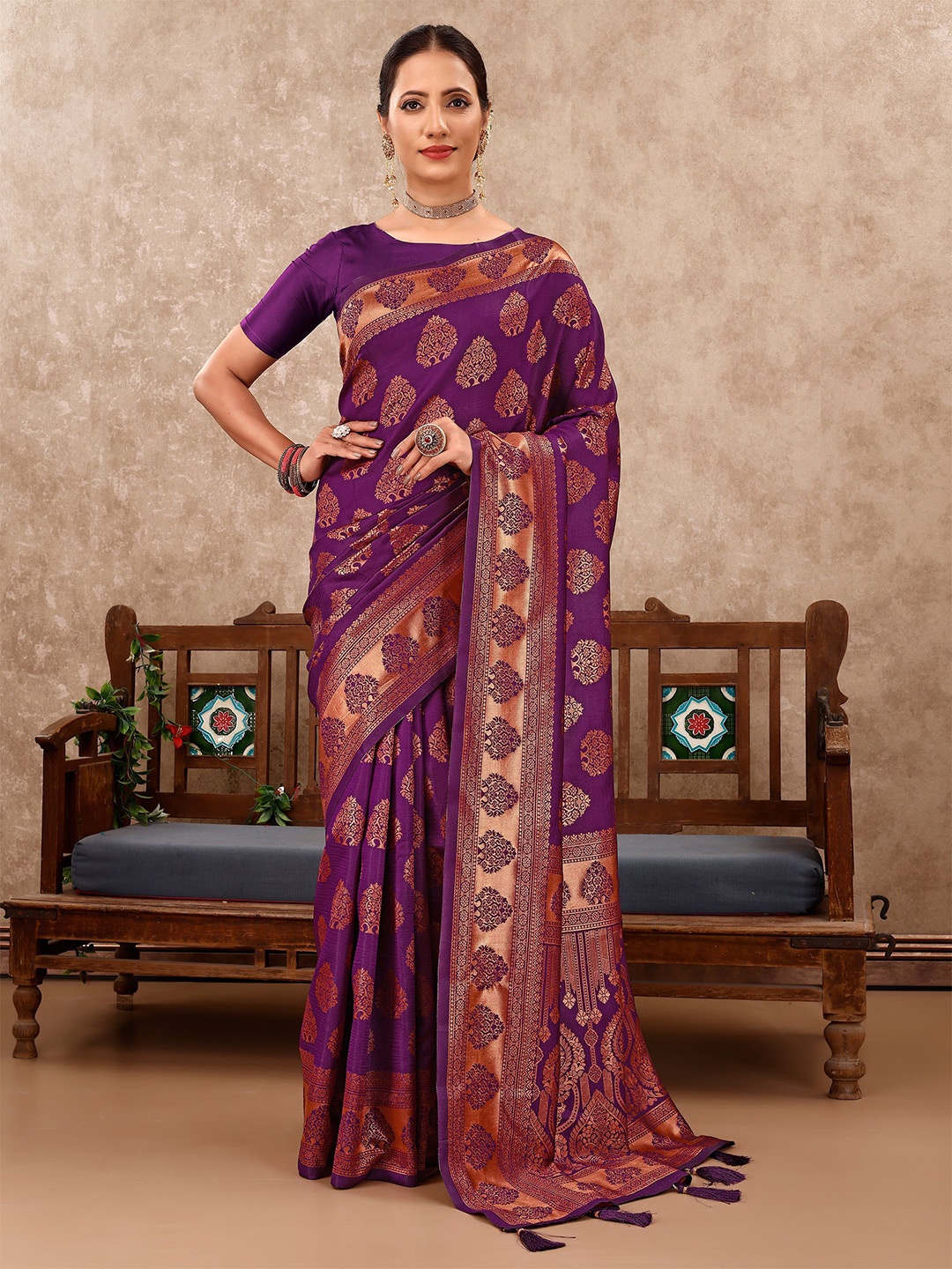 

VIRICA Ethnic Motifs Zari Pure Silk Banarasi Saree, Purple