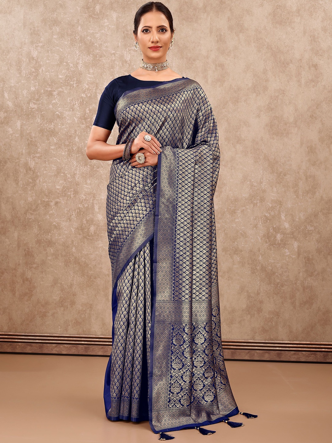 

VIRICA Ethnic Motifs Zari Pure Silk Banarasi Saree, Navy blue