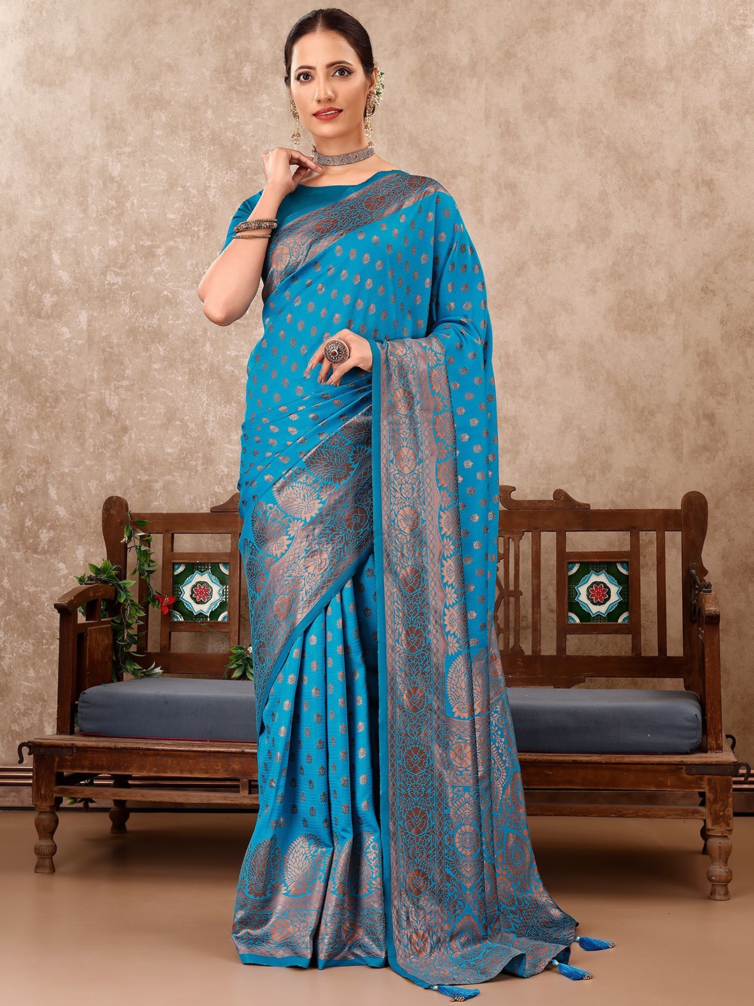 

VIRICA Ethnic Motifs Zari Pure Silk Banarasi Saree, Blue