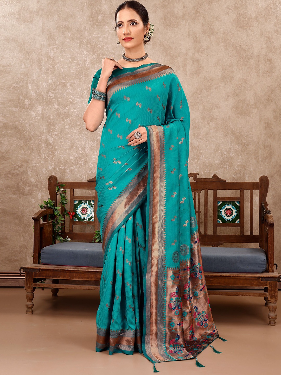 

VIRICA Ethnic Motifs Zari Pure Silk Banarasi Saree, Teal