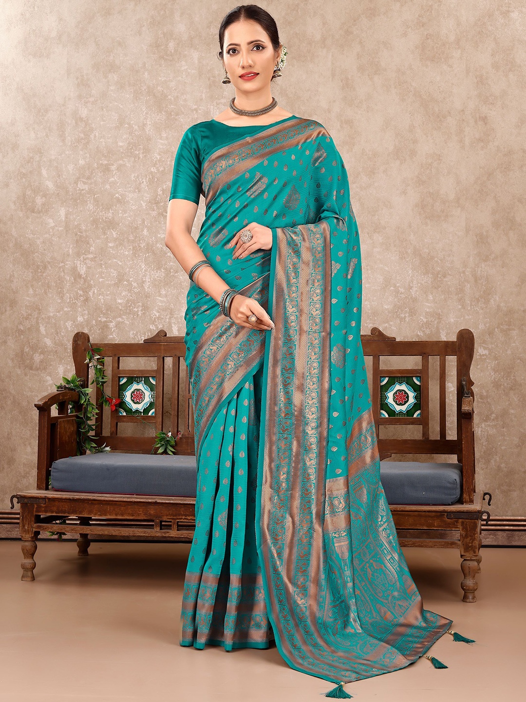 

VIRICA Ethnic Motifs Zari Pure Silk Banarasi Saree, Teal