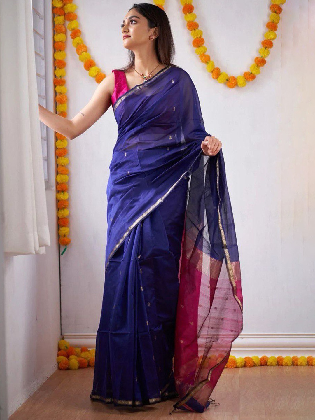 

V3 FASHION STUDIO Woven Design Zari Pure Cotton Banarasi Saree, Blue