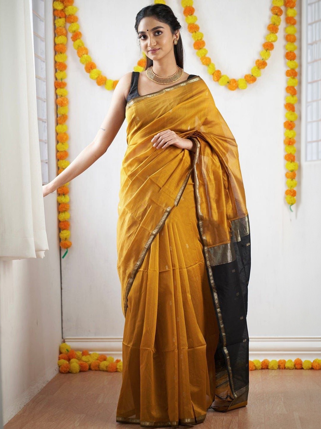 

V3 FASHION STUDIO Woven Design Zari Pure Cotton Banarasi Saree, Yellow