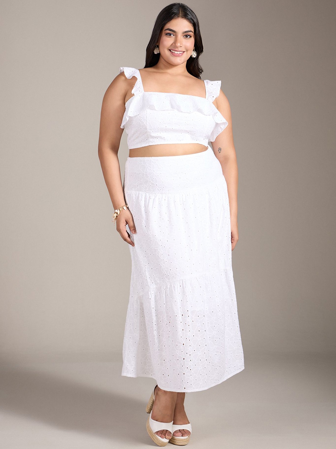 

20Dresses Schiffli Ruffled Cotton Top with Skirt, White