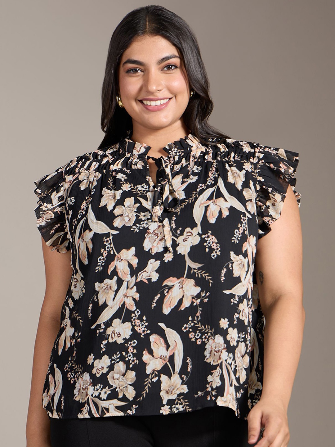 

20Dresses Floral Print Tie-Up Neck Flutter Sleeve Top, Black