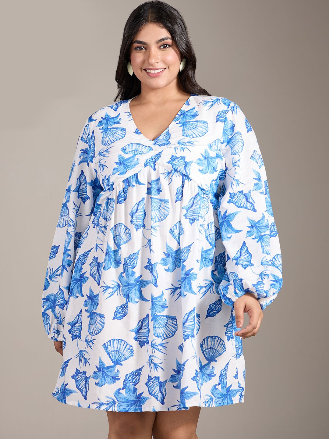 

20Dresses Floral Print Flared Sleeve A-Line Dress, Blue