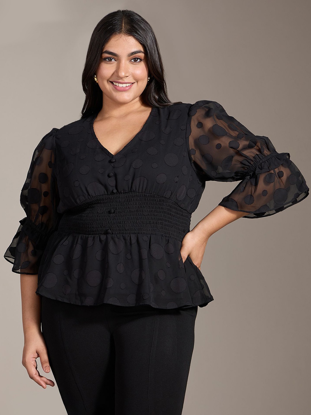 

20Dresses Bell Sleeves Cinched Waist Peplum Top, Black