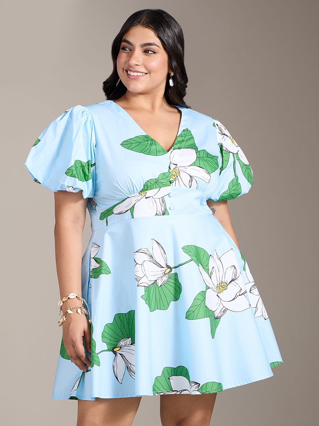 

20Dresses Floral Print Puff Sleeve Fit & Flare Dress, Blue