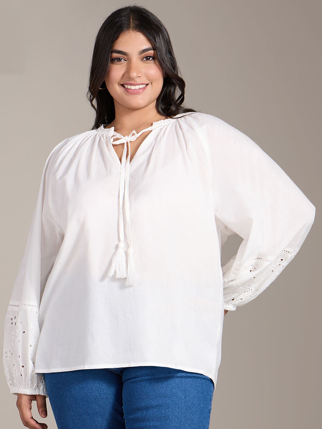 

20Dresses Tie-Up Neck Solid Cotton Top, White
