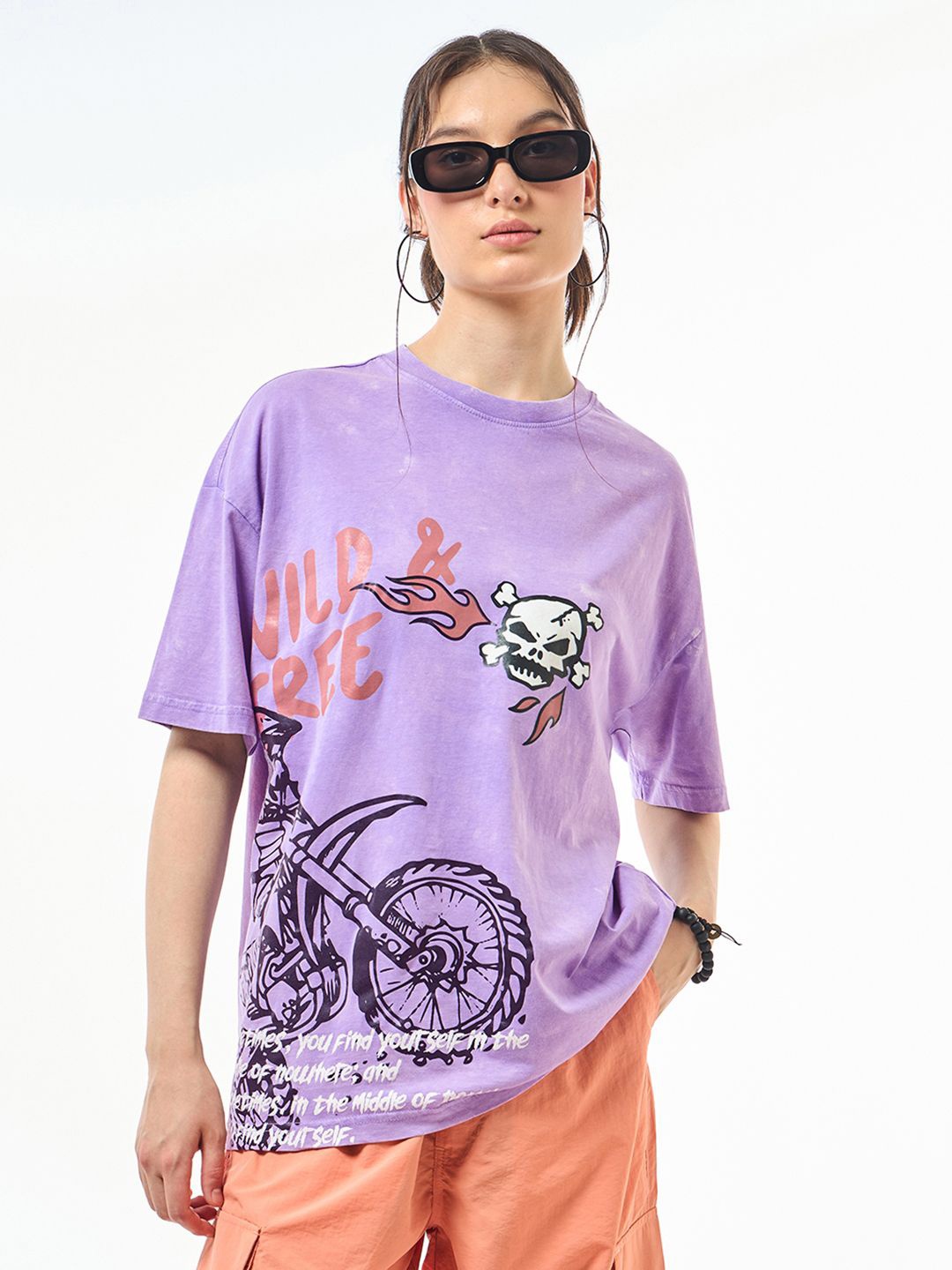 

Bewakoof Women Round Neck Graphic Printed Oversized T-shirt, Purple